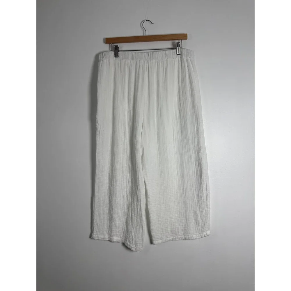Boho Japna Womens Large Lounge Pants White Cotton Gauze Tassel Wide Leg Cropped